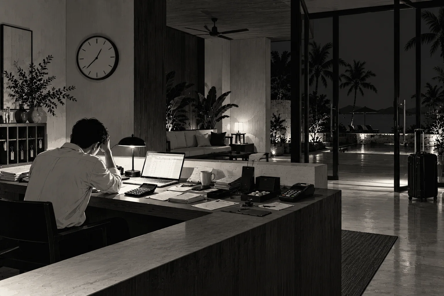 A hospitality operator works late at a desk covered in ledgers.